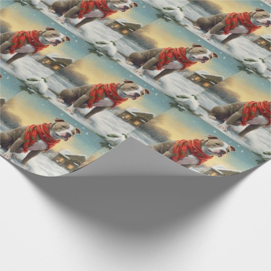Pitbull-hond in de sneeuw met Kerstmis Cadeaupapier (Hoek)