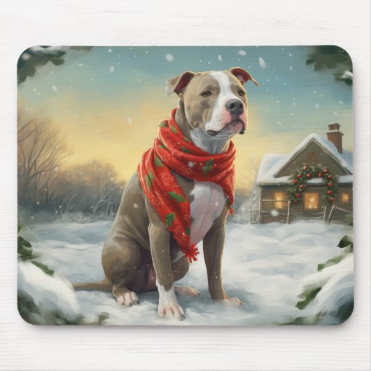 Pitbull-hond in de sneeuw met Kerstmis Muismat (Voorkant)