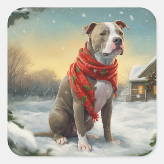 Pitbull-hond in de sneeuw met Kerstmis Vierkante Sticker (Voorkant)