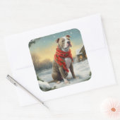 Pitbull-hond in de sneeuw met Kerstmis Vierkante Sticker (Envelop)