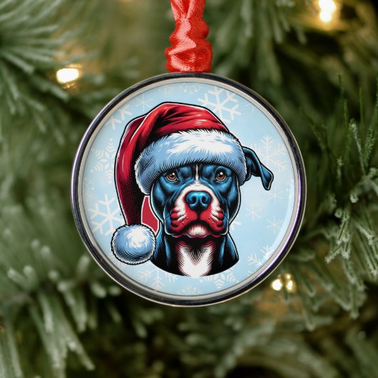 Pitbull hond in Santa Hat Kerstmis Metalen Ornament (Boom)