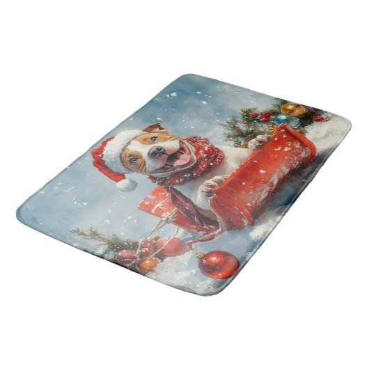 Pitbull Hond in Sledge Laat het Sneeuw Kerstmis Badmat (Gekanteld)