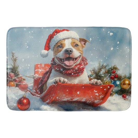 Pitbull Hond in Sledge Laat het Sneeuw Kerstmis Badmat (Voorkant)