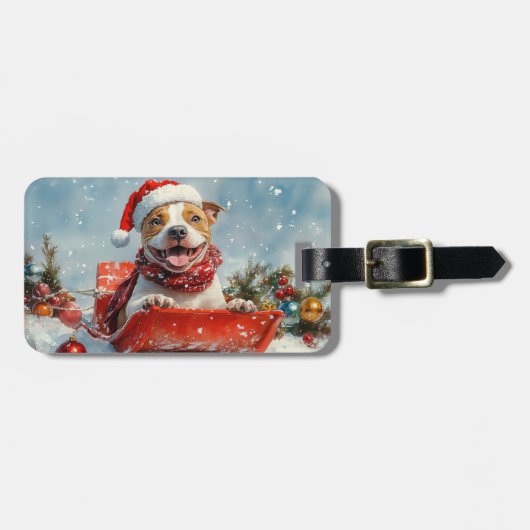 Pitbull Hond in Sledge Laat het Sneeuw Kerstmis Bagagelabel (Voorkant horizontaal)