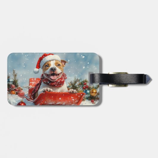 Pitbull Hond in Sledge Laat het Sneeuw Kerstmis Bagagelabel (Achterkant horizontaal)