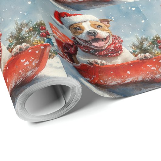 Pitbull Hond in Sledge Laat het Sneeuw Kerstmis Cadeaupapier (Rol Hoek)