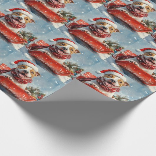 Pitbull Hond in Sledge Laat het Sneeuw Kerstmis Cadeaupapier (Hoek)
