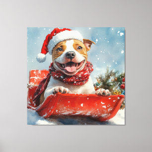 Pitbull Hond in Sledge Laat het Sneeuw Kerstmis Canvas Afdruk