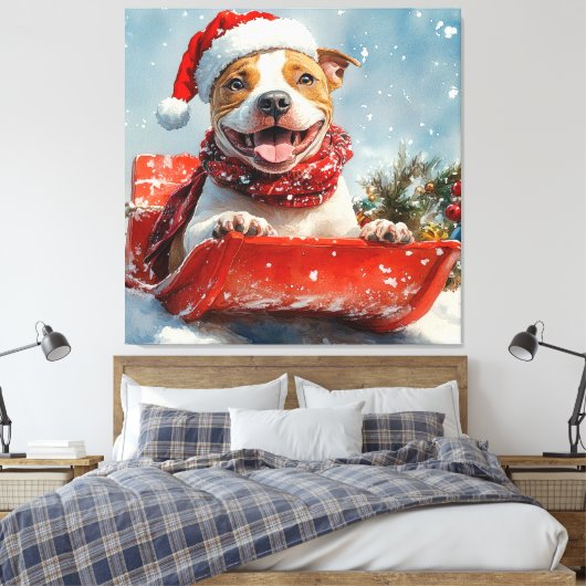 Pitbull Hond in Sledge Laat het Sneeuw Kerstmis Canvas Afdruk (Insitu (Slaapkamer))