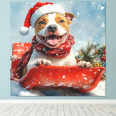 Pitbull Hond in Sledge Laat het Sneeuw Kerstmis Canvas Afdruk (Insitu (Houten vloer))