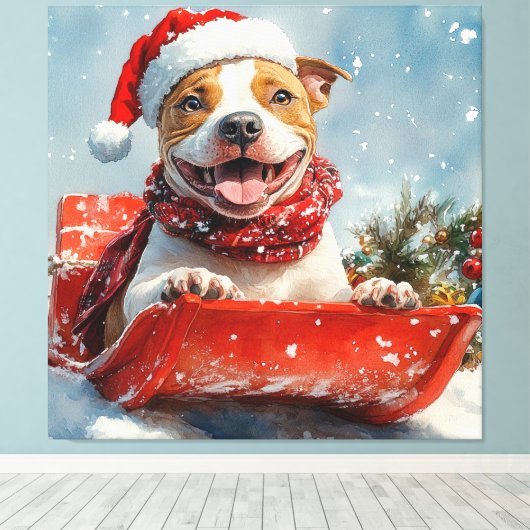 Pitbull Hond in Sledge Laat het Sneeuw Kerstmis Canvas Afdruk (Insitu (Houten vloer))