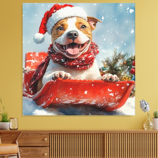Pitbull Hond in Sledge Laat het Sneeuw Kerstmis Canvas Afdruk (Insitu (Woonkamer))
