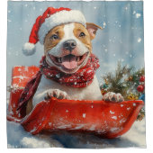 Pitbull Hond in Sledge Laat het Sneeuw Kerstmis Douchegordijn (Voorkant)
