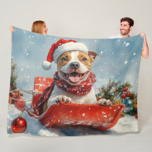 Pitbull Hond in Sledge Laat het Sneeuw Kerstmis Fleece Deken