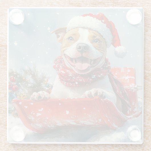 Pitbull Hond in Sledge Laat het Sneeuw Kerstmis Glazen Onderzetter (Achterkant)