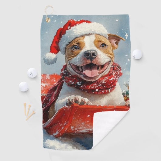 Pitbull Hond in Sledge Laat het Sneeuw Kerstmis Golfhanddoek (Insitu)