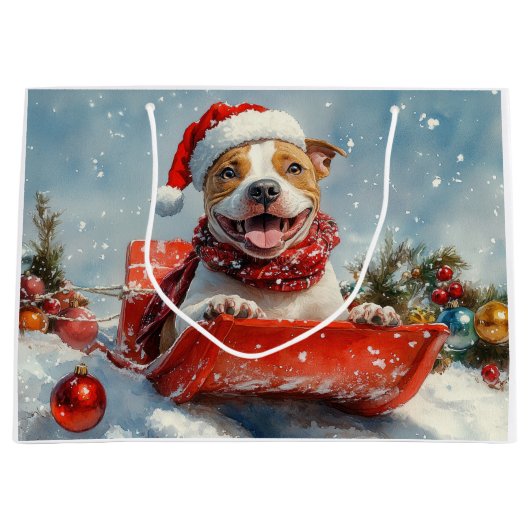 Pitbull Hond in Sledge Laat het Sneeuw Kerstmis Groot Cadeauzakje (Voorkant)