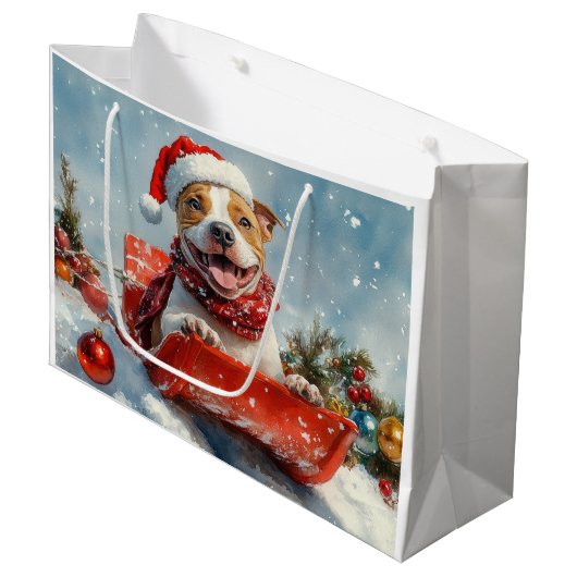 Pitbull Hond in Sledge Laat het Sneeuw Kerstmis Groot Cadeauzakje (Voorkant Gekanteld)
