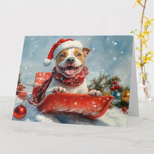 Pitbull Hond in Sledge Laat het Sneeuw Kerstmis Kaart (Gele Bloem)