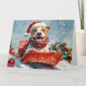 Pitbull Hond in Sledge Laat het Sneeuw Kerstmis Kaart (Voorkant)