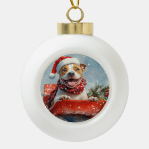 Pitbull Hond in Sledge Laat het Sneeuw Kerstmis Keramische Bal Ornament