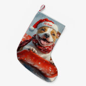 Pitbull Hond in Sledge Laat het Sneeuw Kerstmis Kleine Kerstsok (Voorkant (Hangend))