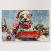 Pitbull Hond in Sledge Laat het Sneeuw Kerstmis Legpuzzel (Horizontaal)