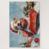 Pitbull Hond in Sledge Laat het Sneeuw Kerstmis Legpuzzel (Verticaal)