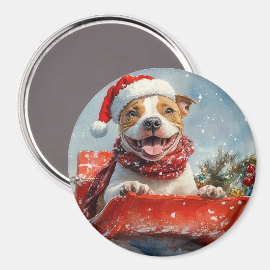 Pitbull Hond in Sledge Laat het Sneeuw Kerstmis Magneet (Voorkant / Achterkant)
