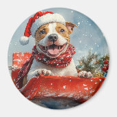 Pitbull Hond in Sledge Laat het Sneeuw Kerstmis Magneet (Voorkant)