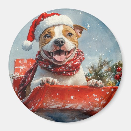 Pitbull Hond in Sledge Laat het Sneeuw Kerstmis Magneet (Voorkant)