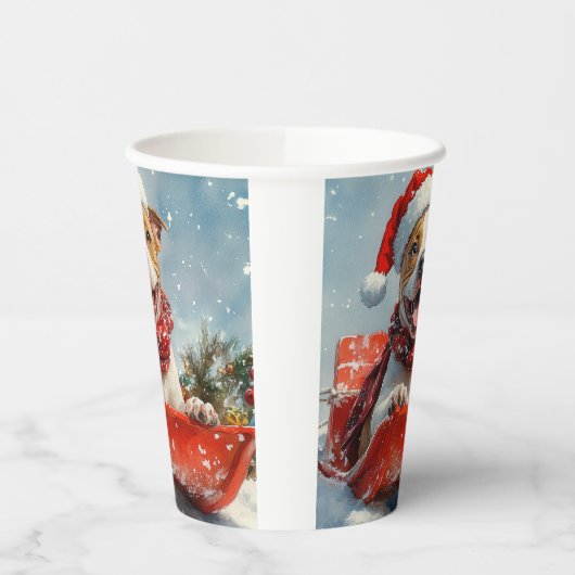 Pitbull Hond in Sledge Laat het Sneeuw Kerstmis Papieren Bekers (Links)