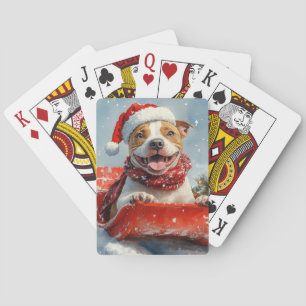 Pitbull Hond in Sledge Laat het Sneeuw Kerstmis Pokerkaarten