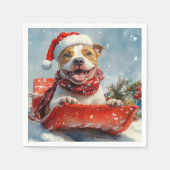 Pitbull Hond in Sledge Laat het Sneeuw Kerstmis Servet (Voorkant)