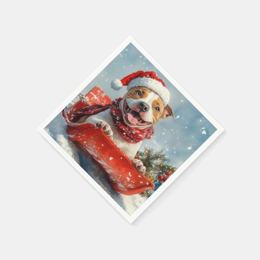 Pitbull Hond in Sledge Laat het Sneeuw Kerstmis Servet (Hoek)