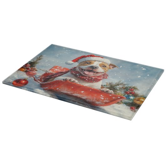 Pitbull Hond in Sledge Laat het Sneeuw Kerstmis Snijplank (Hoek)