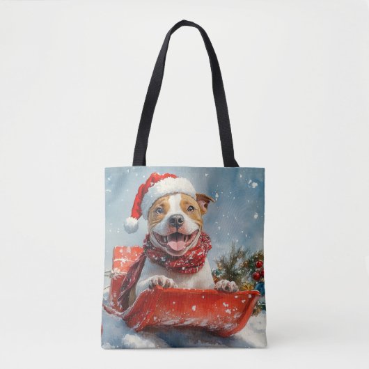 Pitbull Hond in Sledge Laat het Sneeuw Kerstmis Tote Bag (Voorkant)