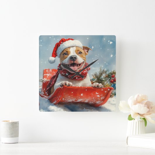 Pitbull Hond in Sledge Laat het Sneeuw Kerstmis Vierkante Klok (Huis)