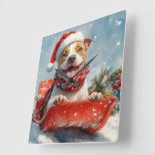 Pitbull Hond in Sledge Laat het Sneeuw Kerstmis Vierkante Klok (Hoek)