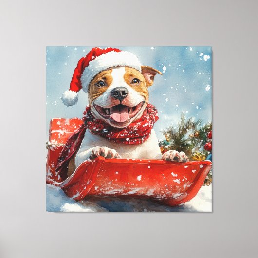Pitbull-hond in slee Laat het sneeuwen Kerstmis Canvas Afdruk (Voorkant)