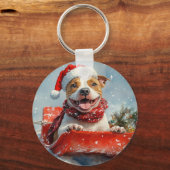 Pitbull-hond in slee Laat het sneeuwen Kerstmis Sleutelhanger (Voorkant)