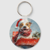 Pitbull-hond in slee Laat het sneeuwen Kerstmis Sleutelhanger (Achterkant)