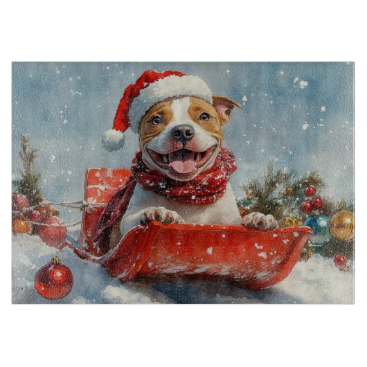 Pitbull-hond in slee Laat het sneeuwen Kerstmis Snijplank (Voorkant)