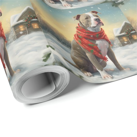 Pitbull Hond in Sneeuw Kerstmis Cadeaupapier (Rol Hoek)