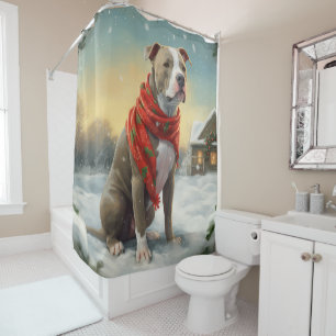 Pitbull-hond in Sneeuw Kerstmis Douchegordijn