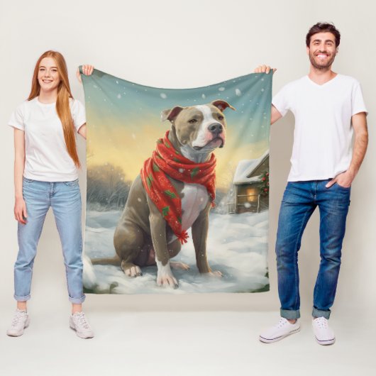 Pitbull Hond in Sneeuw Kerstmis Fleece Deken (In situ)