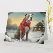 Pitbull Hond in Sneeuw Kerstmis Kaart (Gele Bloem)