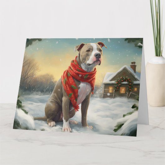 Pitbull Hond in Sneeuw Kerstmis Kaart (Voorkant)