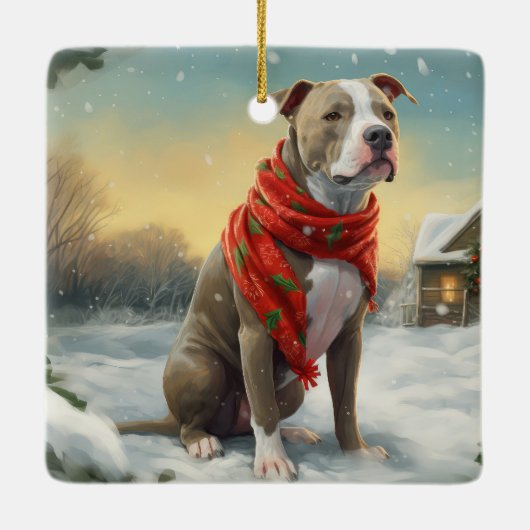 Pitbull Hond in Sneeuw Kerstmis Keramisch Ornament (Achterkant)