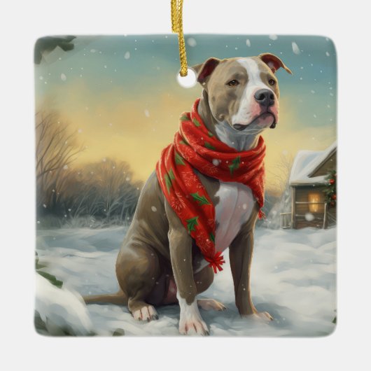 Pitbull Hond in Sneeuw Kerstmis Keramisch Ornament (Voorkant)